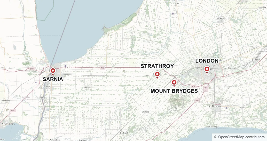 Map of Southwestern Ontario showing the Sears Door service area: London, Strathroy, Sarnia and Mount Brydges